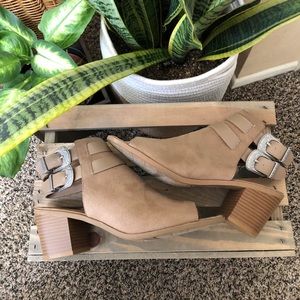 Peep Toe Buckle Beige Faux Suede Boots Heels